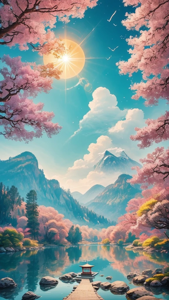 It represents a wish reaching the heavens.、Light stretching towards the sky enhances mental concentration and focus、A calm sea or lake represents the reward for your efforts.、Scenery of the rising sun brings good luck、Seven Lucky Gods and Maneki-neko (beckoning cats) represent the path to success.、Open Door