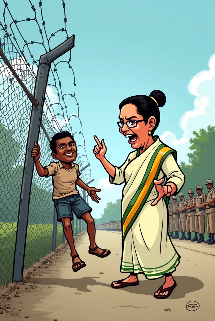 Mamta benergee in at bangladesh boarder and remove the bar hanging rope taken the bangladeshi man hanging over the fencing wire into the Indian boarder funny image cartoon character