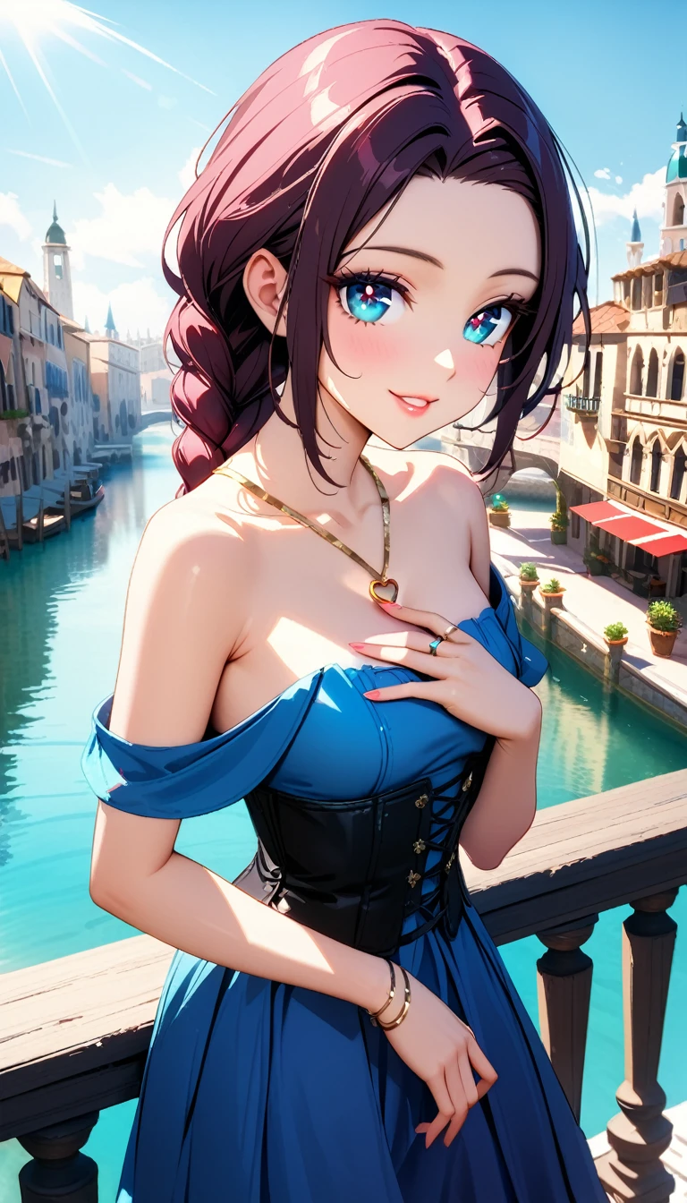 (masterpiece, very aesthetic:1.4), best quality, incredibly absurdres, Accurate, 8K, stunning, stylized,
ultra-detailed, delicate details, simplified details,
cinematic, recent, (vibrant:1.2), (clear pictures, clean lines), (illustration), digital painting, (soft lighting:1.2),
cowboy shot,
BREAK
1 beautiful girl, 18yo, small face, beautiful detailed face, narrow waist, The beauty and danger of growing from a girl to an adult, A symbol of miraculous beauty, Graceful posture, sensual, bewitching woman, (cleavage:0.8),
(burgundy red hair), (a long single braid hair:1.4), smooth hair, asymmetrical bangs,
BREAK
(aqua blue eyes), black oblong pupils, (slant eyes, glass-like sparkling eyes are blurry and dreamy, beautiful detailed eyes, sparkling eyes, long delicate eyelashes, Meticulous Eyelash Details),
BREAK
(navy blue dress), (off shoulder, Strapless dress, Sleeveless:1.3), (black corset), (a tiny heart-shaped golden ring pendant:1.4),
BREAK
(A fantasy world cityscape:1.4), sunny afternoon, A city resembling Venice with canals, (Leaning against the railing of a bridge over a large river), Bright lighting, Beautiful world, Blown by the gentle wind, Soft sunlight that induces afternoon drowsiness,
BREAK
gorgeous lips, natural pink lips, heart-shaped lips, beautiful detailed lips, Glossy,
(seductive smile:1.3), (looking side glance), (left hand on own chest:1.2), perfect eyes,