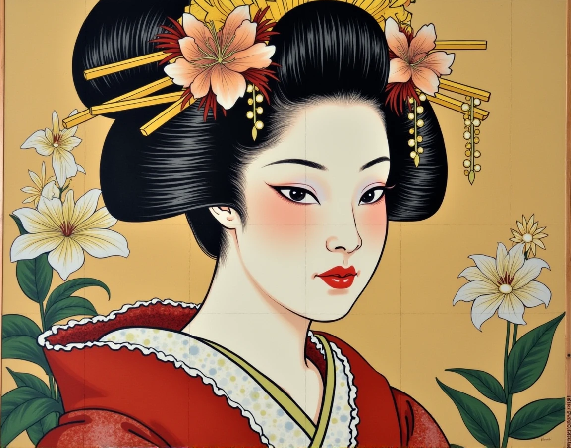 Close-up of painting of a woman in kimono, Jigsaw puzzles inspired by Matsuno Shuen, Pixiv, Ukiyo-e, Japanese words related to flowers, japanese geisha, geisha, beauty geisha, skilled geisha of the japanese, The art of Japan, geisha prima ballerina, The art of Japan art, traditional The art of Japan