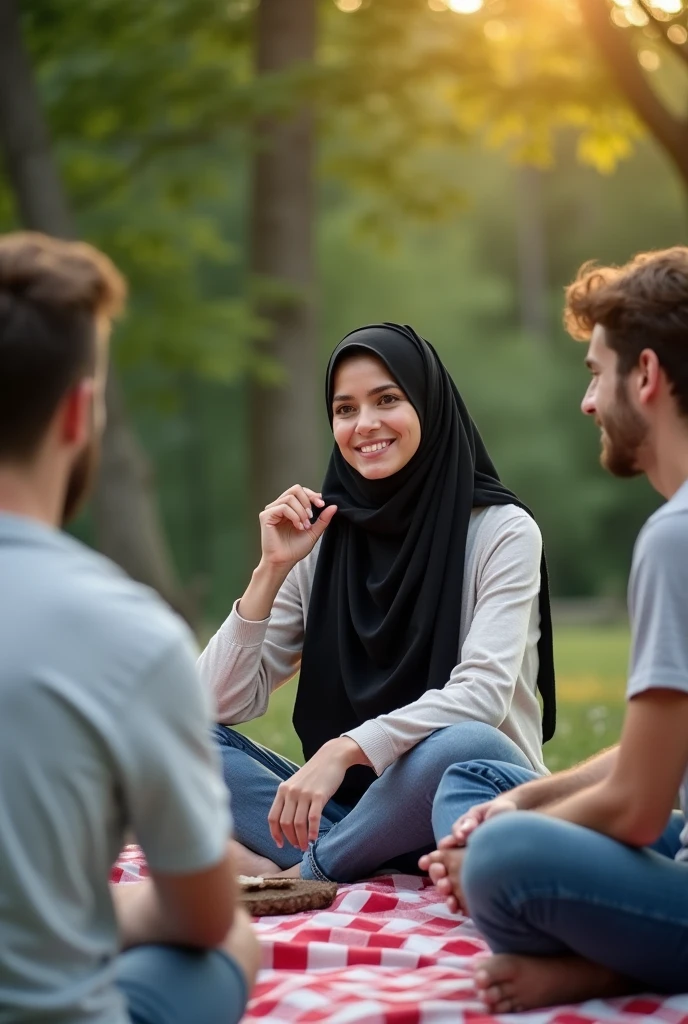 Black headscarf, barefoot, Woman in jeans chatting with male friends on picnic.