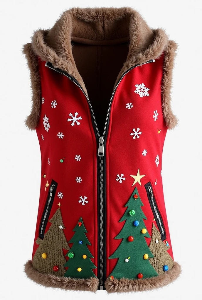 Design Name: Christmas themed vest design description: This Christmas themed vest combines classic Christmas elements,Combining stylish design and comfortable fabrics,Designed to allow the wearer to show their personality and unique style in a festive atmosphere。
Design elements:
Snowflakes and stars pattern: Design snowflakes and stars on the vest,Create a winter festive atmosphere。
Christmas tree decoration: 添加Christmas tree decoration元素,Like colored lights、Ornaments, etc.,Make the design more vivid。
Christmas colors: 使用的Christmas colors,Like red、Green and Gold,Highlight the festive atmosphere。
Plush trim: 在马甲上加入Plush trim,Like a fur ball、Burrs, etc.,Adding warmth。
Design:
Hooded style: Design vest with hood,Increase practicality and fashion。
Zipper design: 采用Zipper design,Easy to put on and take off,It can also be used as a decorative element。
Loose cut: Choose a loose, comfortable fit,Allows the wearer to move more freely。
