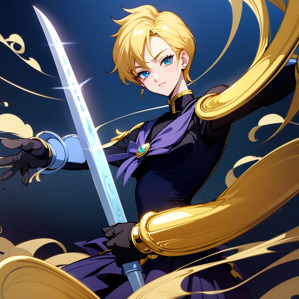 Dark Sailor Uranus has very short like blonde hair. Her usual Sailor Uniform and gloves are the same, except they are black. Her skirt and bow on her Sailor collar is dark blue. She has black leggings, and has a silver sword.