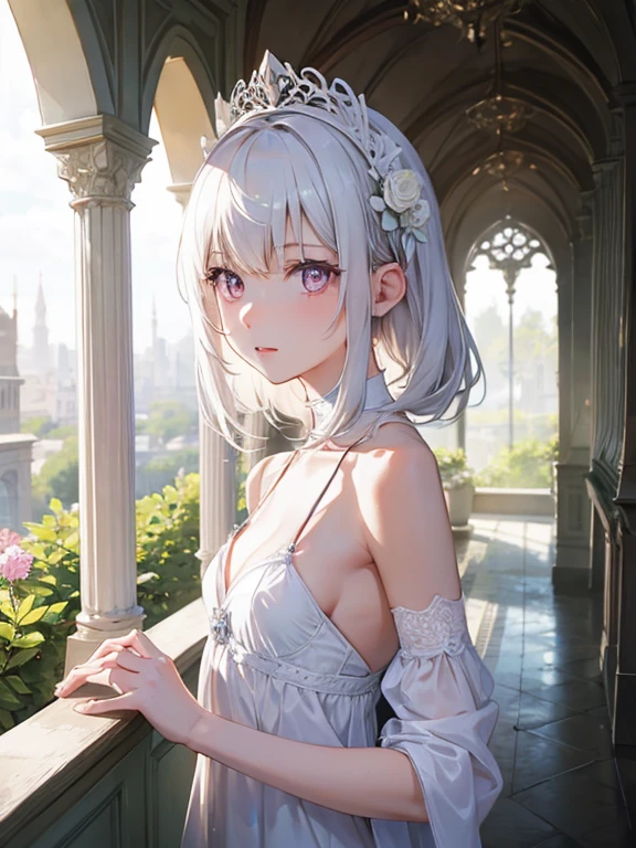 One girl, White medium hair, Detailed pupils, Pale pink eyes, Center parted hair, White Dress, garden, noon, blue sky, beautiful, Dramatic Light, Strong Shadows, Nice views, Depth of written boundary, Cinema Lighting, ((masterpiece)), Attention to detail, high quality, 最high quality, High resolution, Staring at the audience, the most absurd, (Small breasts:1.1),
