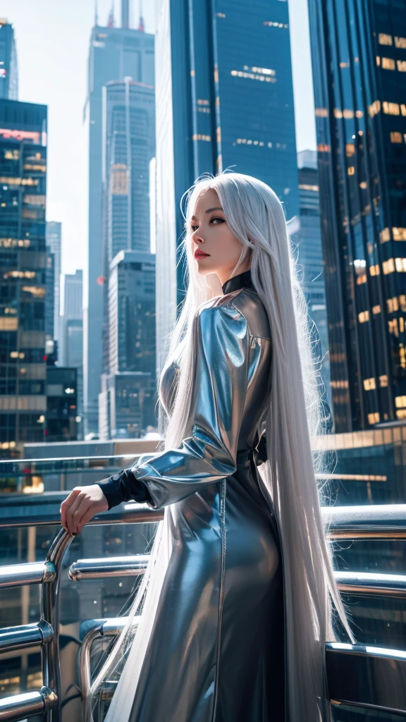 "Elegant woman with long, flowing silver hair in a futuristic cityscape.""