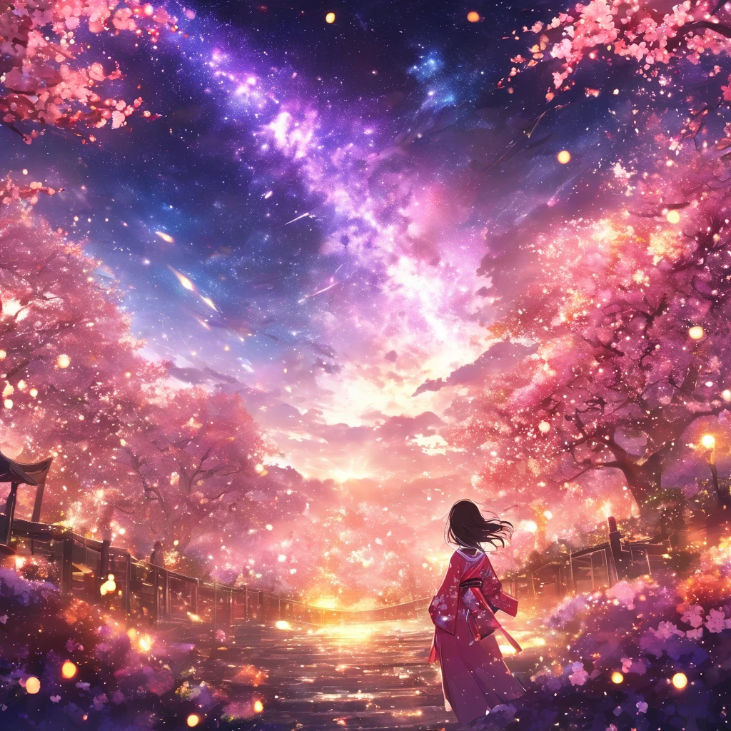 masterpiece, Concept Art, Panorama, in the center, shape, Wide Shot, flower garden, night, (meteor), stardust, Space galaxy background, (Great composition, Epic scale), Dynamic Lighting, Bright colors, cherry blossoms,A girl wearing a kimono,garden
