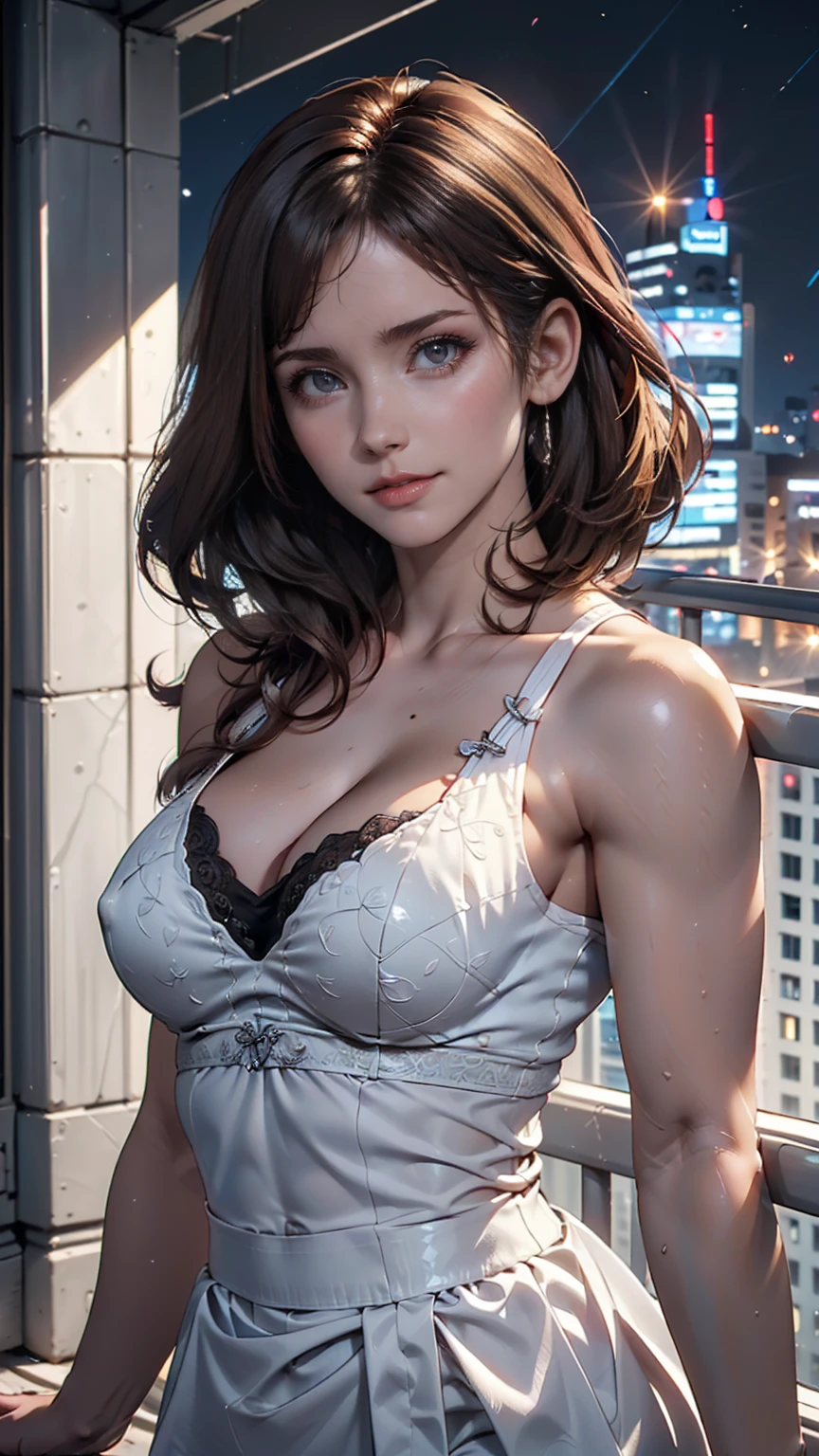((Highest quality, 8k, masterpiece :1.3)), whole body, Sharp focus :1.2, Beautiful woman with perfect figure :1.4, Slim Abs :1.2, ((Dark brown hair, Big Breasts :1.2)), Tank top dress :1.1, (Night city view, Modern balcony :1.1), Highly detailed face and skin texture, Detailed eyes, double eyelid