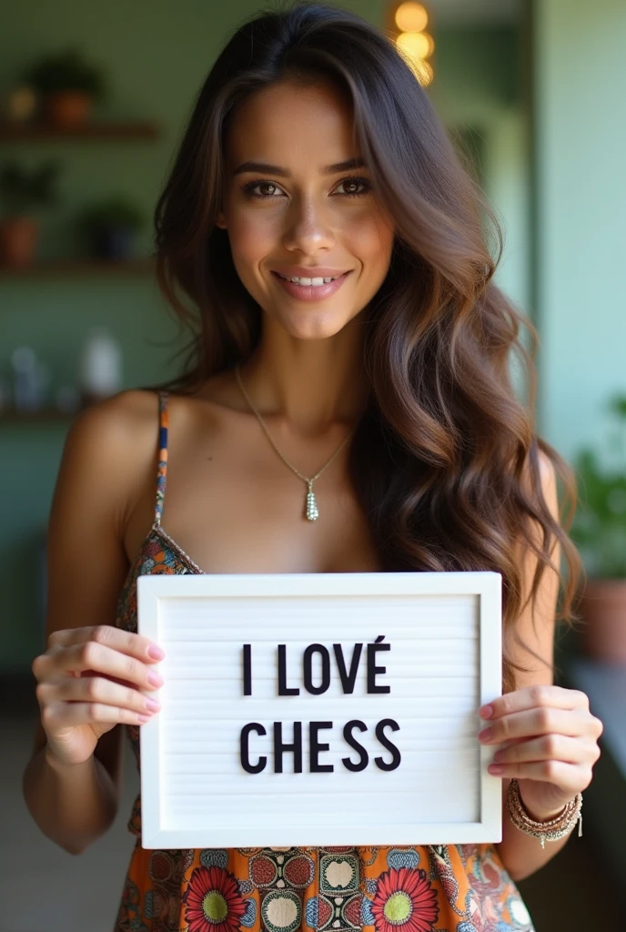 Beautiful girl with wavy long hair, bohemian dress, holding a white board with text "I Love Chess" and showing it to the viewer