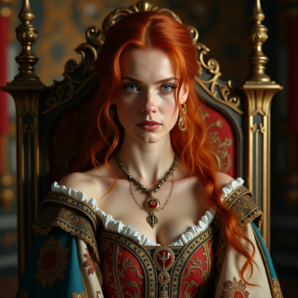 , stunning red haired princess, medieval style,  English princess, blue eyes, stunning portrait, 8k artistic portrait photography, anthropological photography, colorful dress, fine embroidery, beautiful portrait, beautiful princess, woman, fierce eyes, sitting on a throne room