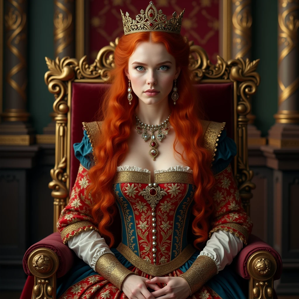 , stunning red haired princess, medieval style,  English princess, blue eyes, stunning portrait, 8k artistic portrait photography, anthropological photography, colorful dress, fine embroidery, beautiful portrait, beautiful princess, woman, fierce eyes, sitting on a throne room