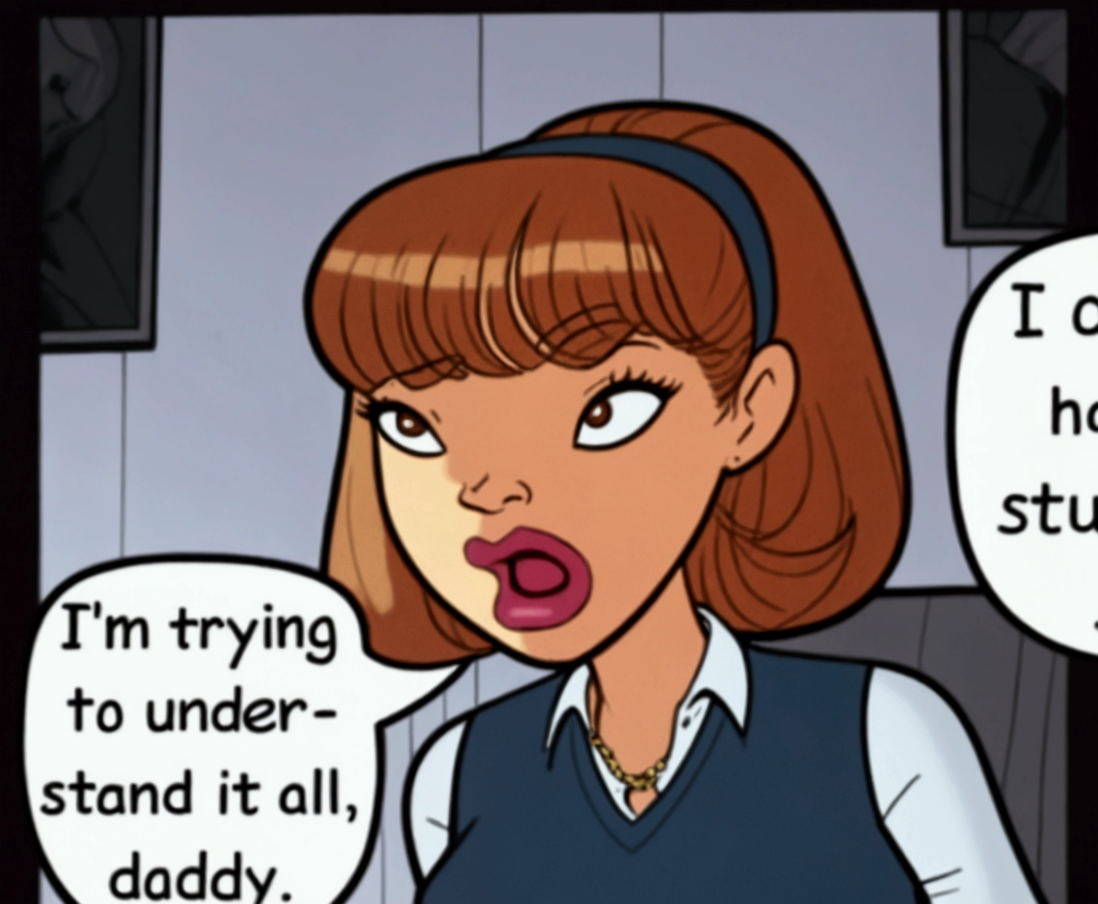 cartoon of a woman with a speech bubble saying i'm trying to under stand it all, daddy, dinah drake, anya from spy x family, she has a distant expression, betty cooper, a comic book panel, art in the style of terry moore, but a stern look about her, inspired by Al Feldstein, terry moore, comic panel