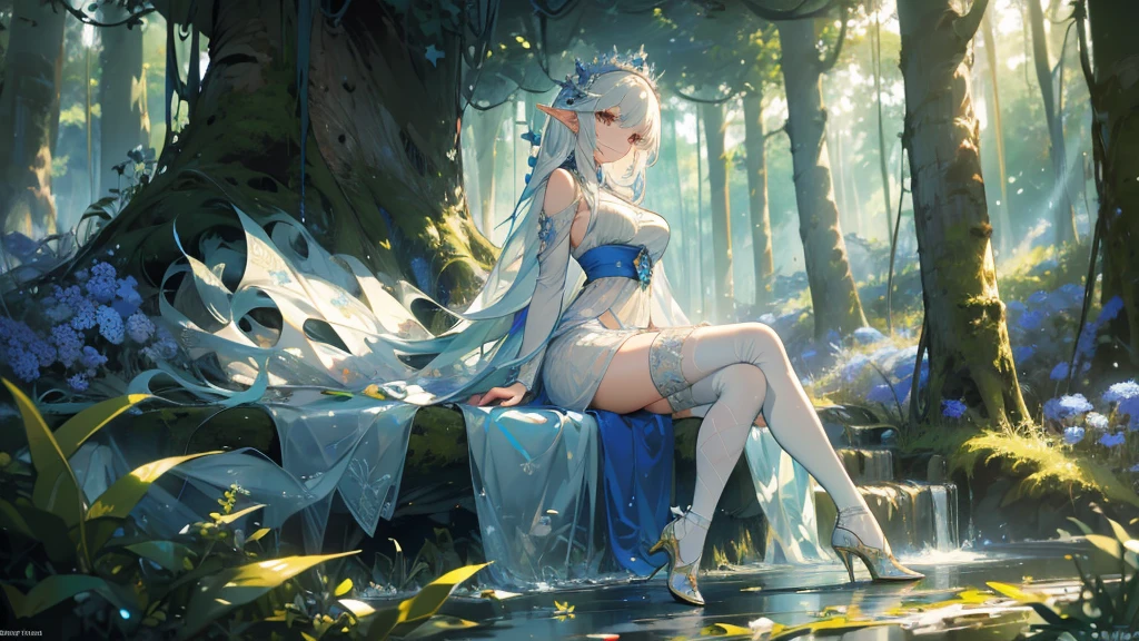 ((masterpiece， best quality))，Elf，Royal sister，forest，Sea of trees，Pure white background，Detailed face，Smile，whole body，Perfect body proportions，Glowing milky white eyes，sexly，Lush foliage and warm sunshine，Tattoo，extremely beautiful，transparent，High heel，Fishnet stockings，Star decoration,