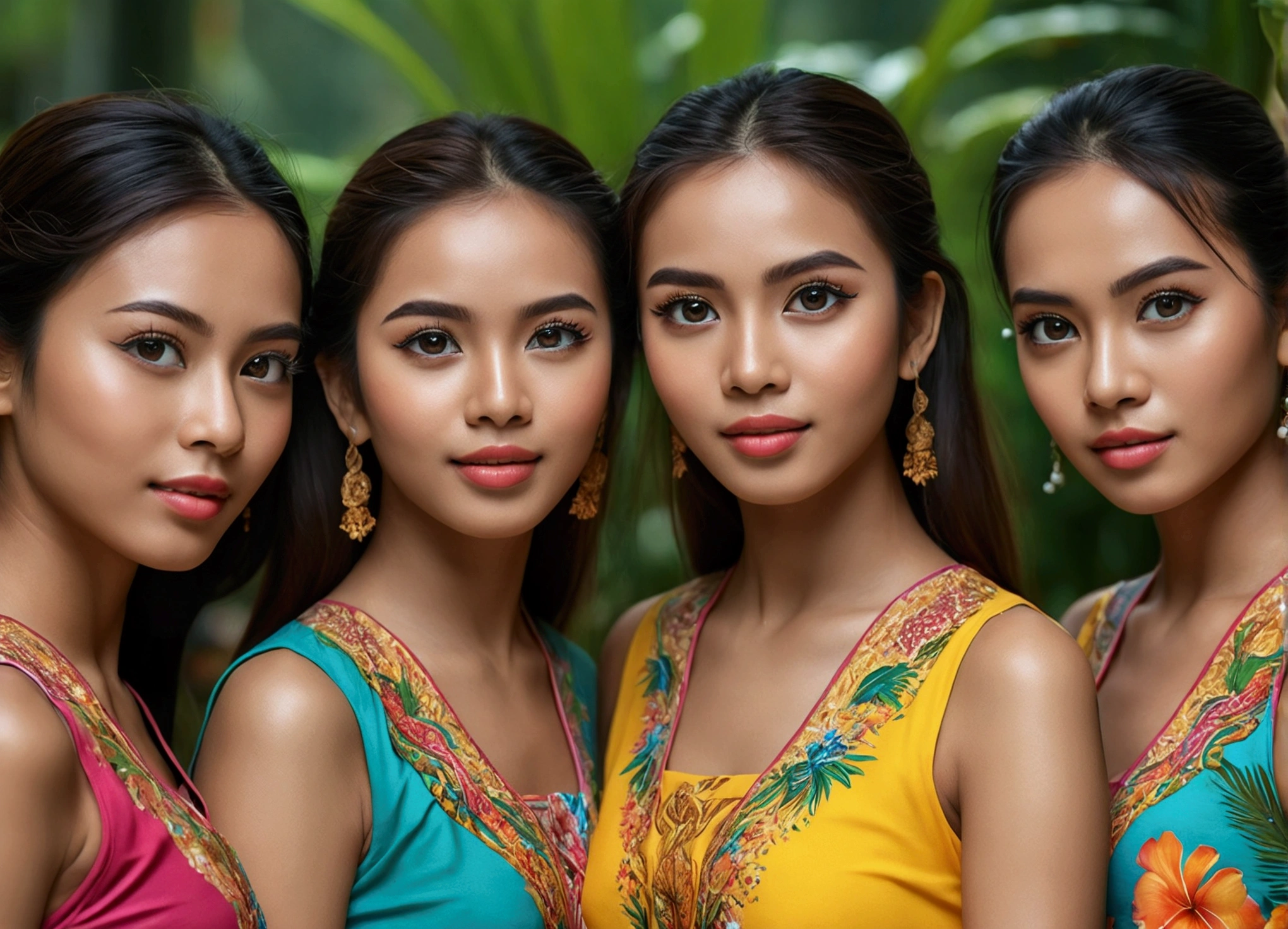 6 beautiful Malaysia girls, beautiful detailed eyes, beautiful detailed lips, extremely detailed eyes and face, long eyelashes, athletic athletic bodies, colorful traditional Malaysia dresses, tropical garden background, (best quality,4k,8k,highres,masterpiece:1.2),ultra-detailed,(realistic,photorealistic,photo-realistic:1.37),vibrant colors,natural lighting,cinematic composition,intricate details,highly detailed facial features