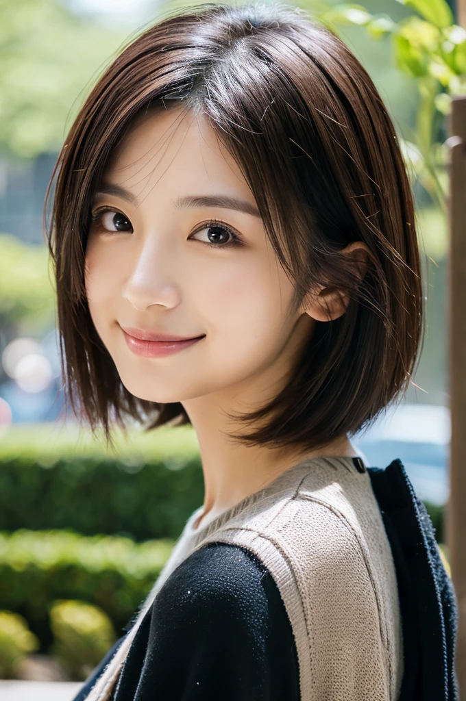 (masterpiece:1.3), (Photo realistic, Raw photography, top-quality: 1.4), Skinny Japanese woman, 29 years old, (1girl in), (Lifelike face), detailed face, detailed eyes, (A dark-haired, Short hair:1.3), (real looking skin), (Casual), Ultra high resolution, A hyper-realistic, high-detail,Background blur,City,building,office,garden,beige,sober,clear,Smile