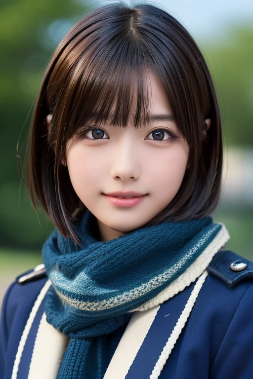 ((masterpiece, Highest quality, High resolution)), 1 Japanese girl, (Realistic: 1.4), Great face, , Glossy lips、short hair, (Beautiful Hair:1.5),Dark blue duffel coat、Thick scarf、Close one eye、Wink at me、smile、School classroom, Angle from the front, Highly detailed CG composite 8K wallpaper, High resolutionのRAWカラー写真, Professional photography, Light, BackLight, dream-like, impressive, Written boundary depth, (Face close-up:1.5)