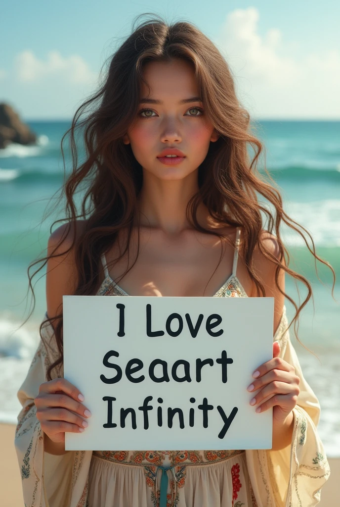 Beautiful girl with wavy long hair, bohemian dress, holding a white board with text "I Love Seaart Infinity" and showing it to the viewer