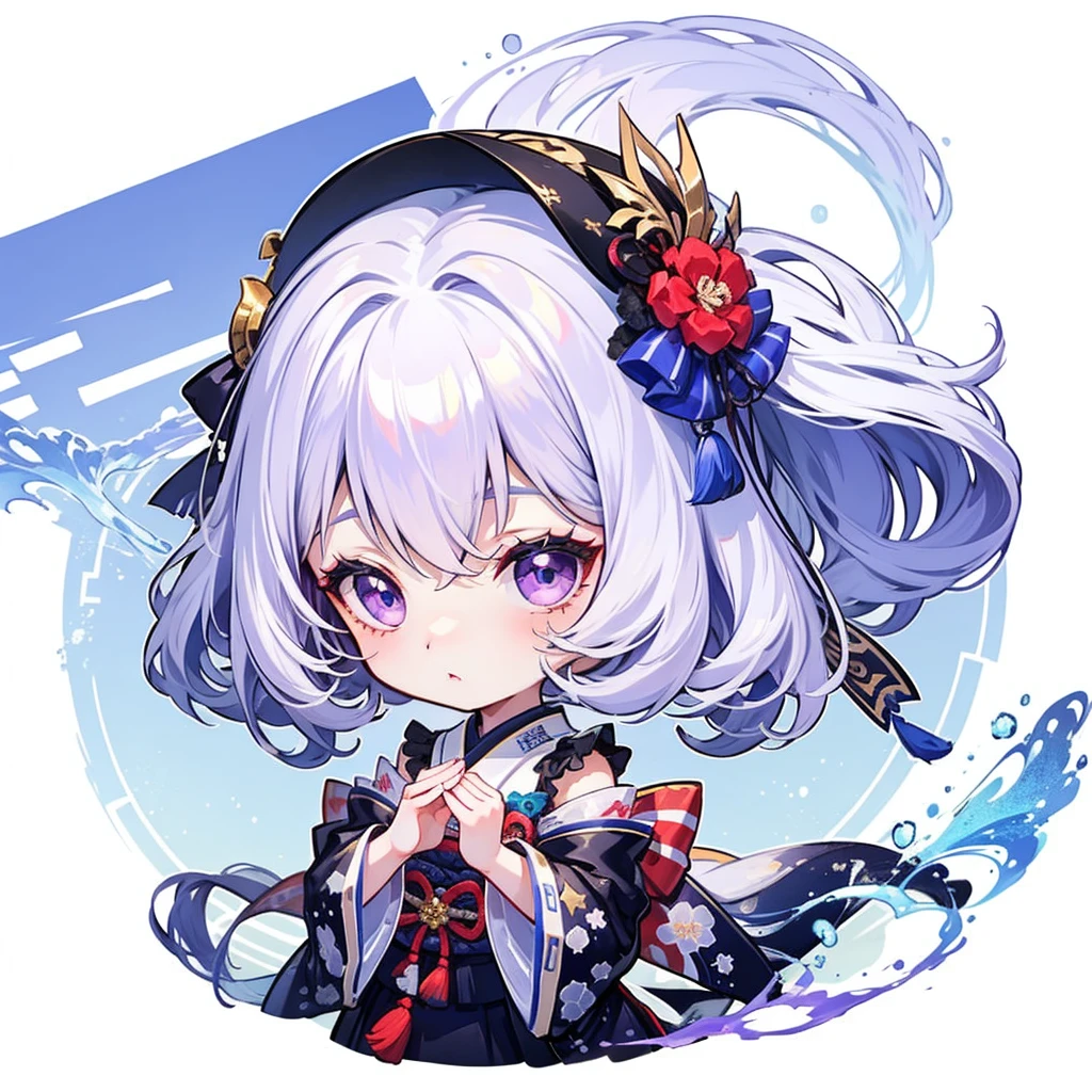 chibi, ((body complete)), ((high detailing)), ((high quality)), ((detailing hands)), 1 girl, long hair, upper hair is black to bottom hair is dark blue, ombre hairstyle, purple eyes, japanese outfit, Chibi style, transparent background, center position.