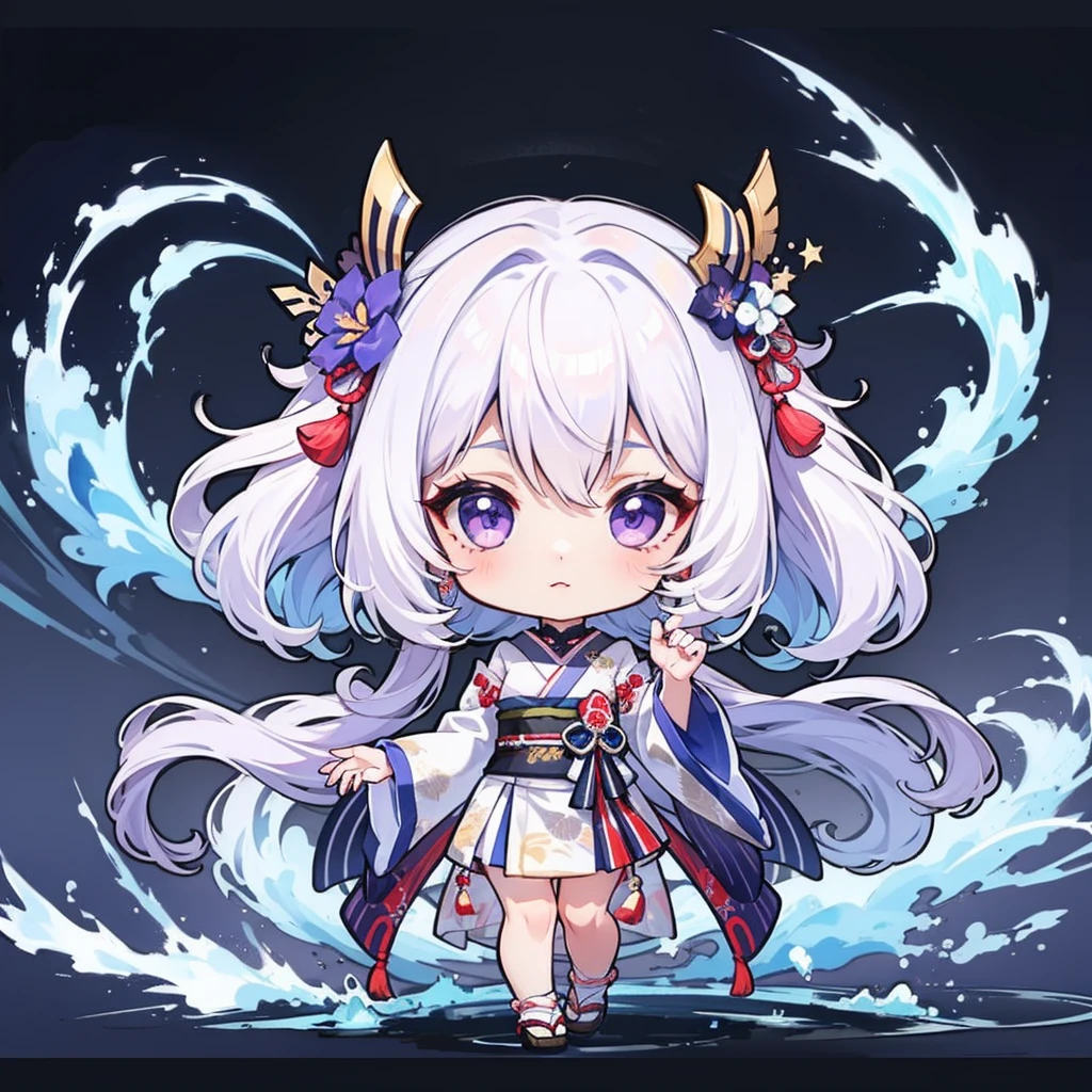 chibi, ((body complete)), ((high detailing)), ((high quality)), ((detailing hands)), 1 girl, long hair, upper hair is black to bottom hair is dark blue, ombre hairstyle, purple eyes, japanese outfit, Chibi style, transparent background, center position.