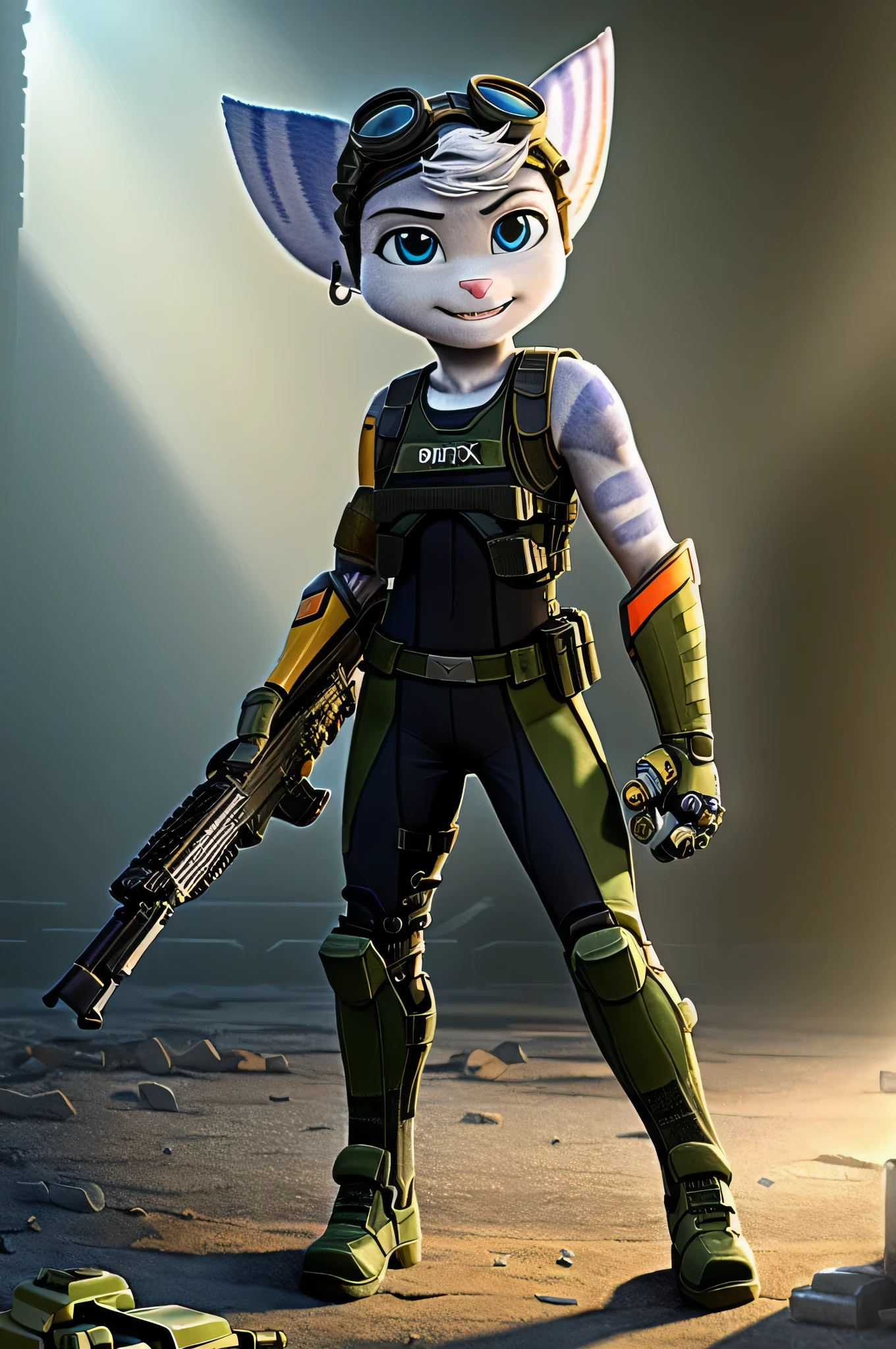 Rivet, (((lombax))), ((lombax ears)), female, small, (petite), (((tail))), furry, 1girl, young, solo, (yellow cybernetic protease on the right shoulder), ((tight fitting military camouflage soldier gear and outfit)), ((wielding assault rifle)), ((gear belt with pistol and granates)), ((bulletproof soldier vest)), detailed body fur, detailed body, detailed eyes, detailed face, athletic, skinny, high quality, masterpiece, small breasts, (goggles), :D, looking at you, full body, ((good lighting on crotch)), (aroused), (horny), (bedroom eyes),