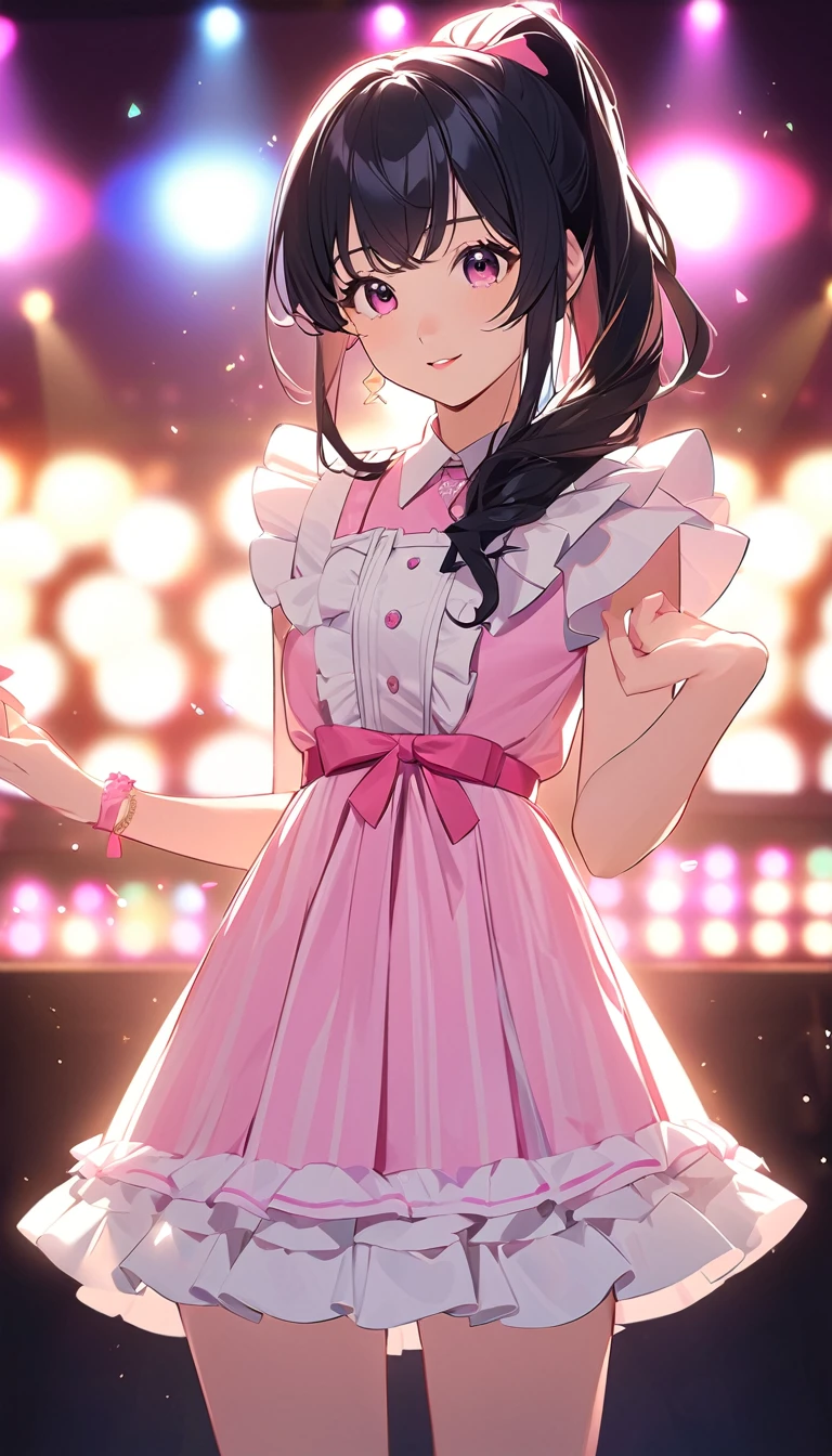 Create a digital illustration of a 1980s Japanese female idol. She has long black hair in a ponytail with a pink ribbon. Her outfit is a pink and white frilly dress. The background should be a stage with colorful lights. Emphasize a soft and cute atmosphere.