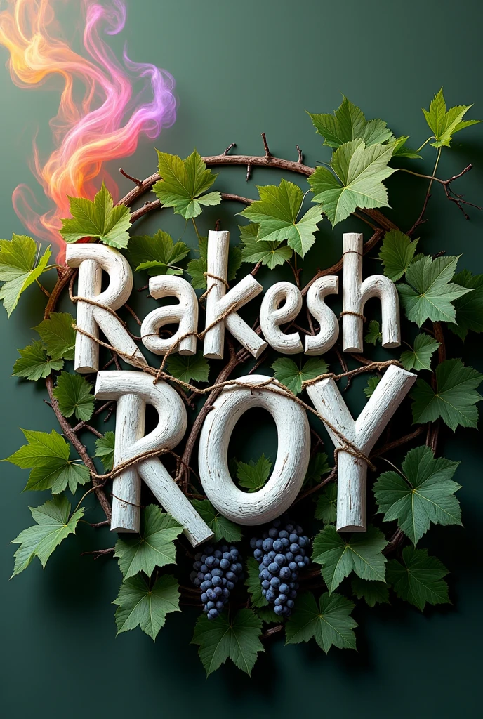 The image shows the name "Rakesh Roy" clearly bold text crafted out of white wooden branches tied to gether with twine and his up down is green leave grapevines, leaves,and grape clusters. There is a colourful wisp of smoke or mist rising from the top left corner,adding a mystical or naturalistic touch to the design, background fuchur is gray screen, perfect hyperealistic images, 16k HDR quality pictures