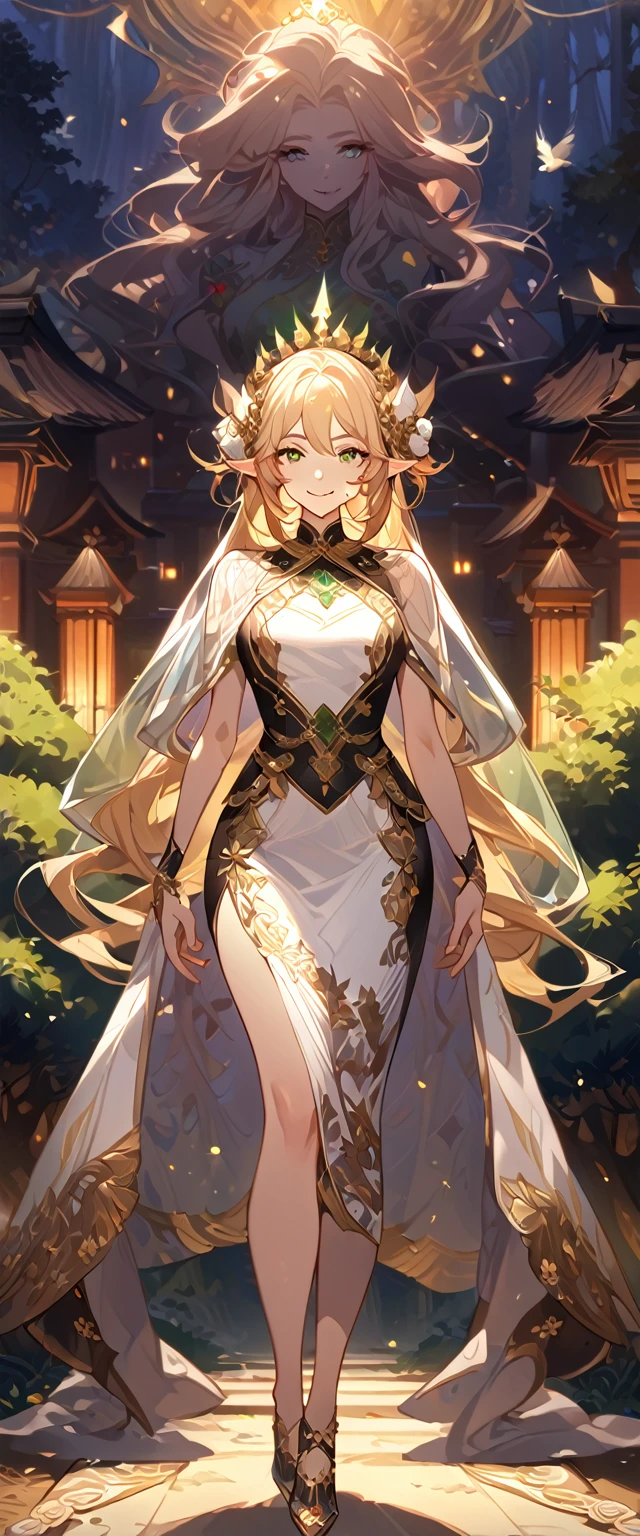 Masterpiece, best quality, teenage (elven girl as a demon) with straight blonde hair, wearing a (transparent:1.3) dress, in an oriental palace, candles, flowers highly detailed, intricate design, neon lights, highest quality, bust shot, cinematic lighting, sharp focus, extremely detailed, depth of field, bokeh, Global Illumination, volumetric lighting, subsurface scattering, caustics, bloom, reflections, shadows, smug, ornaments