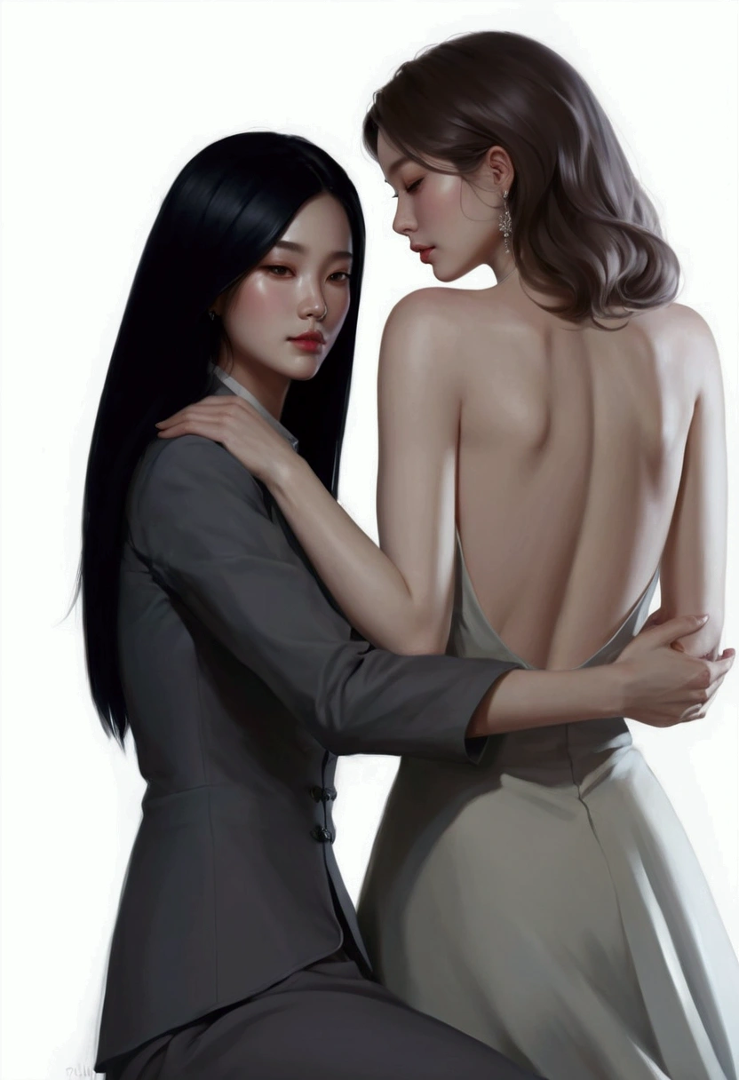 a painting of two women in formal clothing hugging each other, In the art form of the pond, Lesbian Art, Inspiration from Kim Deuksin, By Yang J, โดย Jeong Seon, inspired By Jeon Seok Lee, two women, Digital art of elegance, By Jeon Seok Lee, By Li Song, In Charlie Bowater style, By Mei Qing