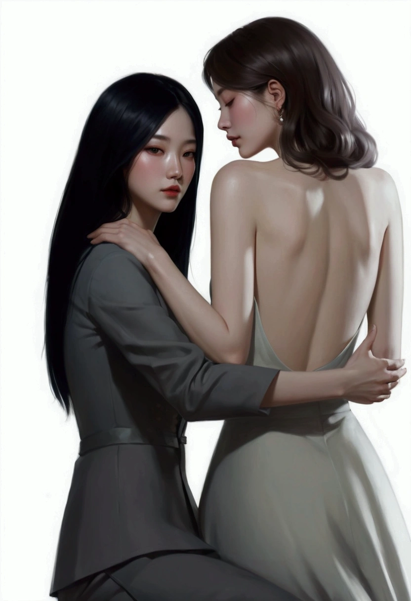 a painting of two women in formal clothing hugging each other, In the art form of the pond, Lesbian Art, Inspiration from Kim Deuksin, By Yang J, โดย Jeong Seon, inspired By Jeon Seok Lee, two women, Digital art of elegance, By Jeon Seok Lee, By Li Song, In Charlie Bowater style, By Mei Qing