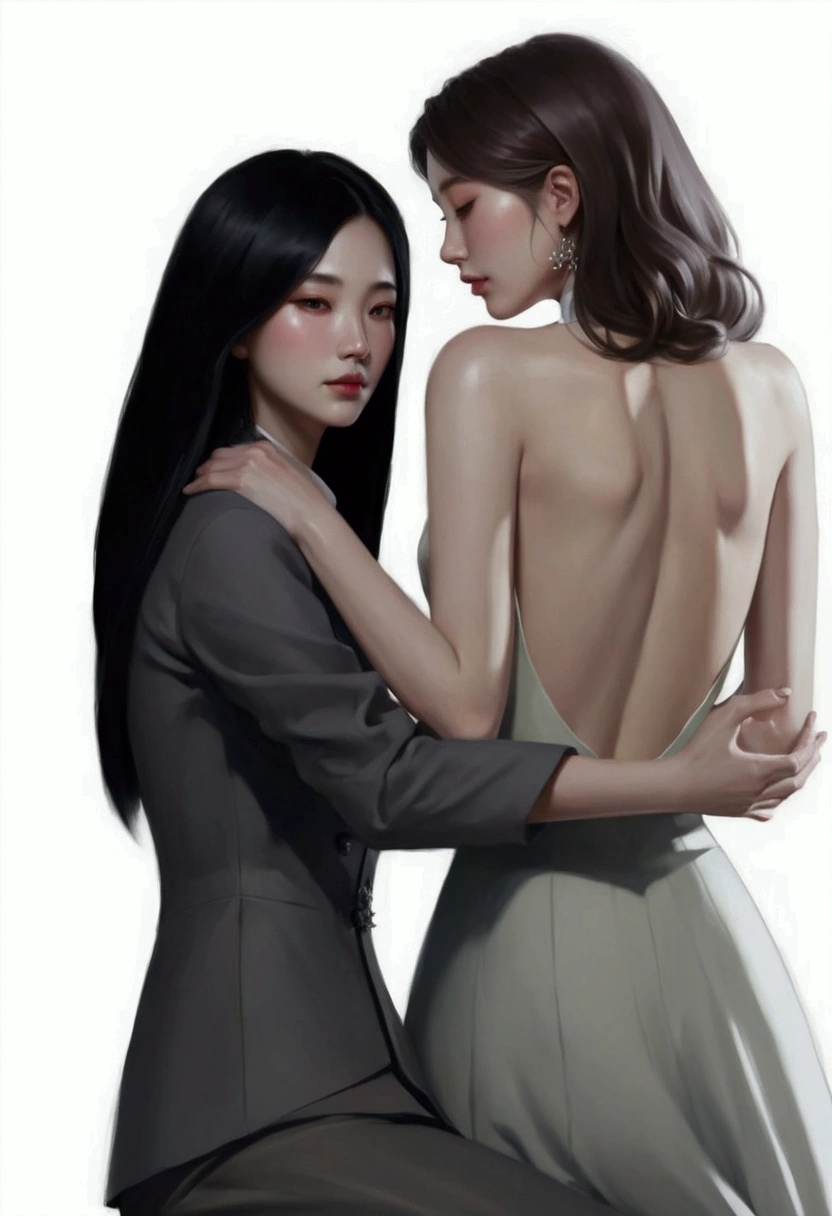 a painting of two women in formal clothing hugging each other, In the art form of the pond, Lesbian Art, Inspiration from Kim Deuksin, By Yang J, โดย Jeong Seon, inspired By Jeon Seok Lee, two women, Digital art of elegance, By Jeon Seok Lee, By Li Song, In Charlie Bowater style, By Mei Qing