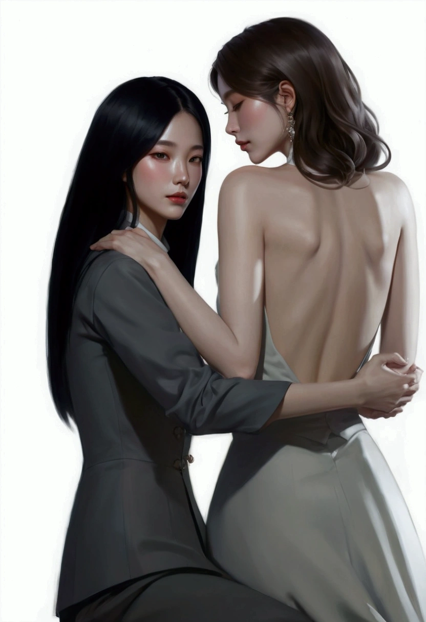 a painting of two women in formal clothing hugging each other, In the art form of the pond, Lesbian Art, Inspiration from Kim Deuksin, By Yang J, โดย Jeong Seon, inspired By Jeon Seok Lee, two women, Digital art of elegance, By Jeon Seok Lee, By Li Song, In Charlie Bowater style, By Mei Qing