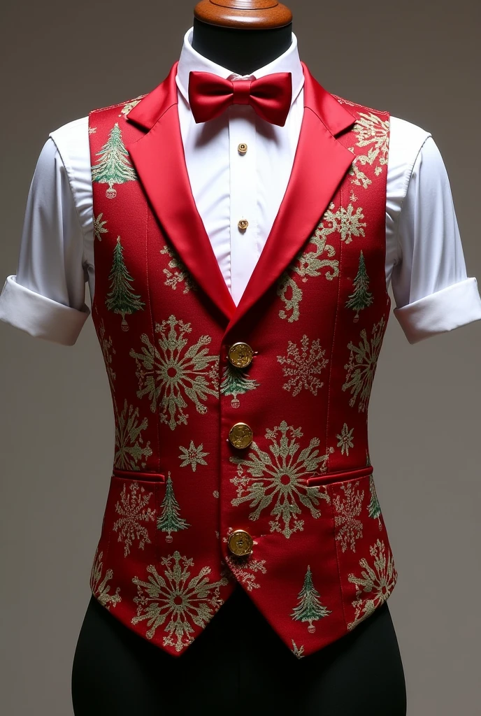 Design Name: Christmas themed suit vest design description: This Christmas themed suit vest combines the classic design of a traditional suit with the joy of Christmas.,Designed to allow the wearer to show the perfect combination of fashion and festive atmosphere during the festival。
Design elements:
Christmas pattern decoration: Design Christmas elements on the vest,Like snowflakes、Christmas tree、Gifts, etc.,Highlight the festive atmosphere。
Red details: 添加Red details装饰,Such as the neckline、pocket、Buttons, etc.,Echoing classic Christmas colors。
Gold decoration: 使用Gold decoration元素,Like golden buttons、Phnom Penh, etc.,Add festive atmosphere and luxury。
Christmas bow tie: 在西装领口处设计Christmas bow tie或者领带,Enhance the festive atmosphere。
Design:
Slim fit: 选择Slim fit的设计,Showing elegant lines and fashion sense。
Classic suit style: 保留传统西装的Design elements,Like a lapel、Front placket, etc.,Highlight the atmosphere of the suit。
Customized design: Consider designing removable decorative elements,Such as the neckline花朵或挂饰,Increase personalization and customization。