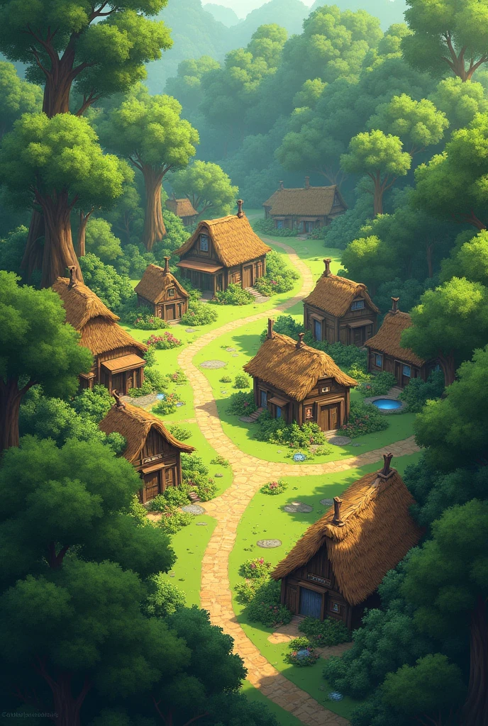 Village in the middle of the forest with a high angle view