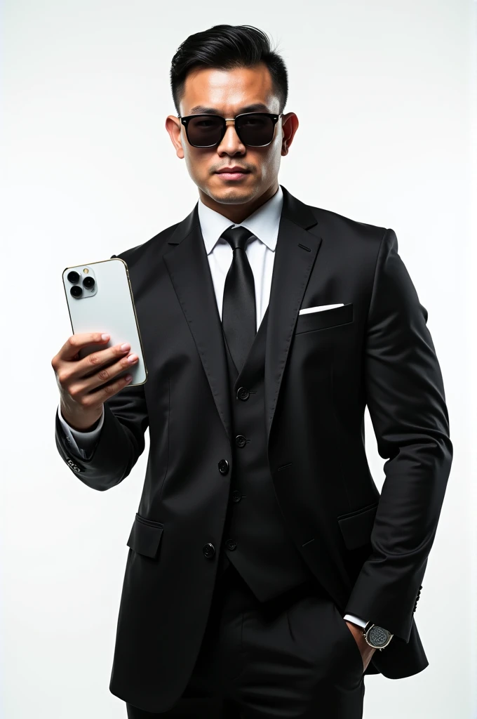 Asian strong buff man(He is strong,buff,confident, wears a suit and sunglasses and look fearless.)hand up phonewith white background