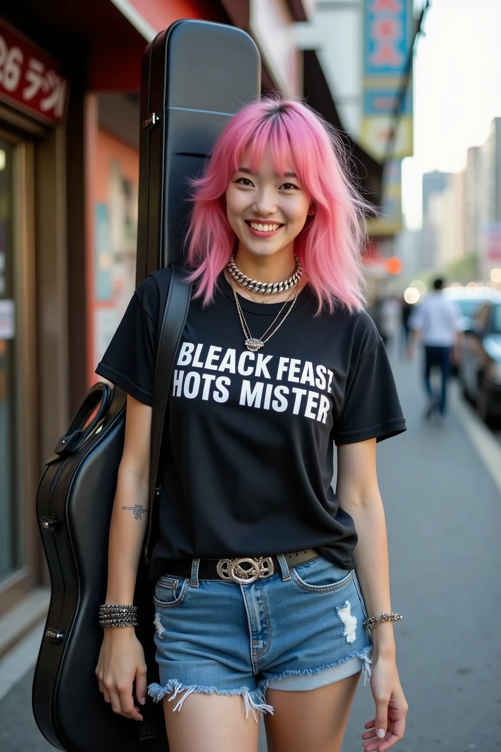 (((A Japanese woman carrying a large black guitar case on her back)))、A 26-year-old adult woman wearing a black crew neck top with loud English letters on the chest and short blue jeans poses for a photo, Big Breastsのポルノ、Dynamic Pose、Model poses for rock music magazine、Slender curvesの想像を超えた美女、 Japanese female fashion model, (((Very bright pink hair)))、happiness、Thick chain jewelry around the neck and arms、(((In front of a strip theater in Asakusa)))、A pure and beautiful smile、Intelligent face、Slender curves、Big Breasts、Black T-shirt、He&#39;s wearing a very small leather jacket.、Denim shorts、(((Extreme low angle)))、null、building、He is carrying a black guitar case with a guitar strap