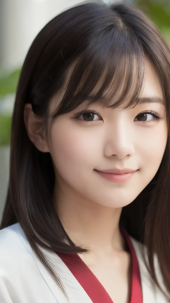 best quality, face focus, soft light, ultra high res, (photorealistic:1.4), RAW photo, Shinozaki Ai, white skin, kawaii, 1 Japanese girl, solo, cute, (smile), (pupil, lights in the eyes), detailed beautiful face, Medium-sized breasts,(high resolution detail of human skin texture),(long hair),(portrait), upper body, white traditional kimono, no makeup