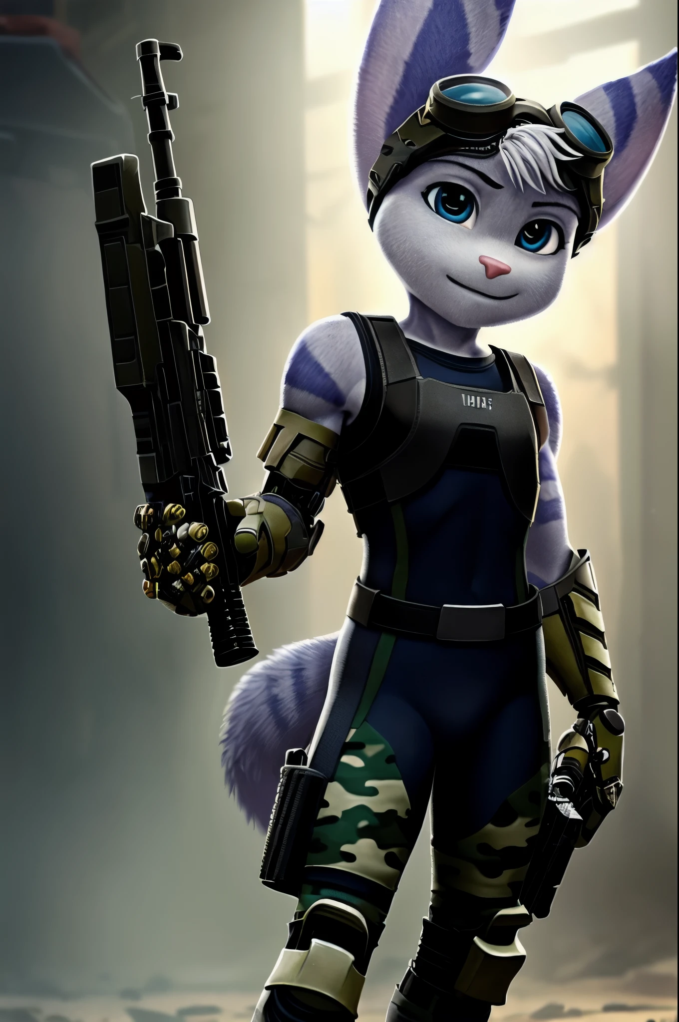 Rivet, (((lombax))), ((lombax ears)), female, small, (petite), (((tail))), furry, 1girl, young, solo, (yellow cybernetic protease on the right shoulder), ((tight fitting military camouflage soldier gear and outfit)), ((wielding assault rifle)), ((gear belt with pistol and granates)), ((bulletproof soldier vest)), detailed body fur, detailed body, detailed eyes, detailed face, athletic, skinny, high quality, masterpiece, small breasts, (goggles), :D, looking at you, full body, ((good lighting on crotch)), (aroused), (horny), (bedroom eyes),