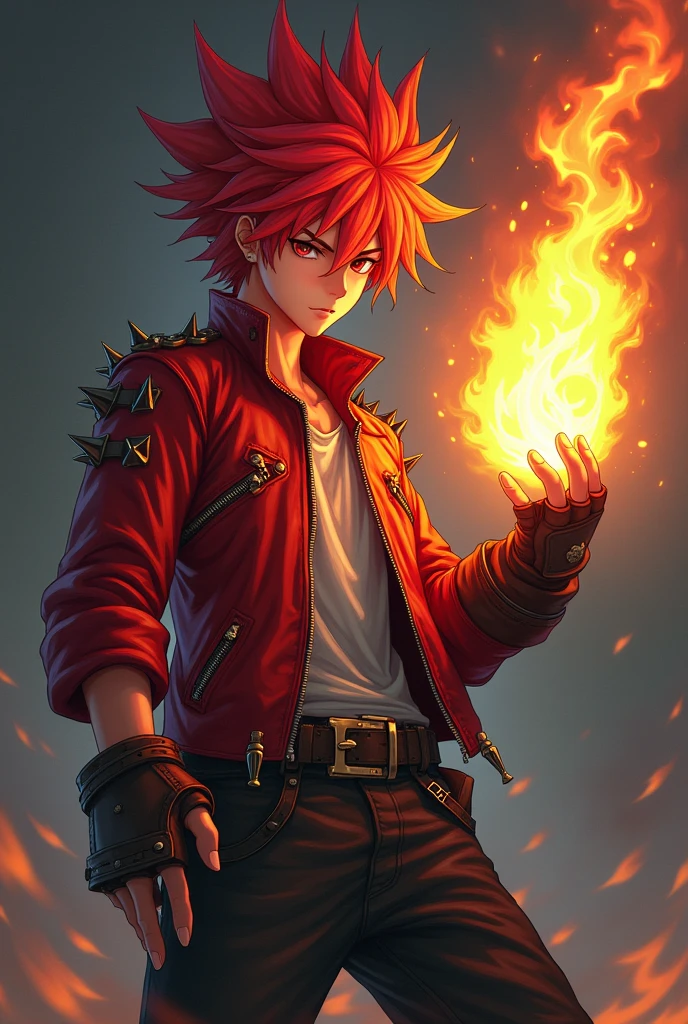 Anime boy,who has red spiky hair,wear red leather jacket with spikes,wear half spiky gloves,wear baggy pant and boots,summon a fire on his hand