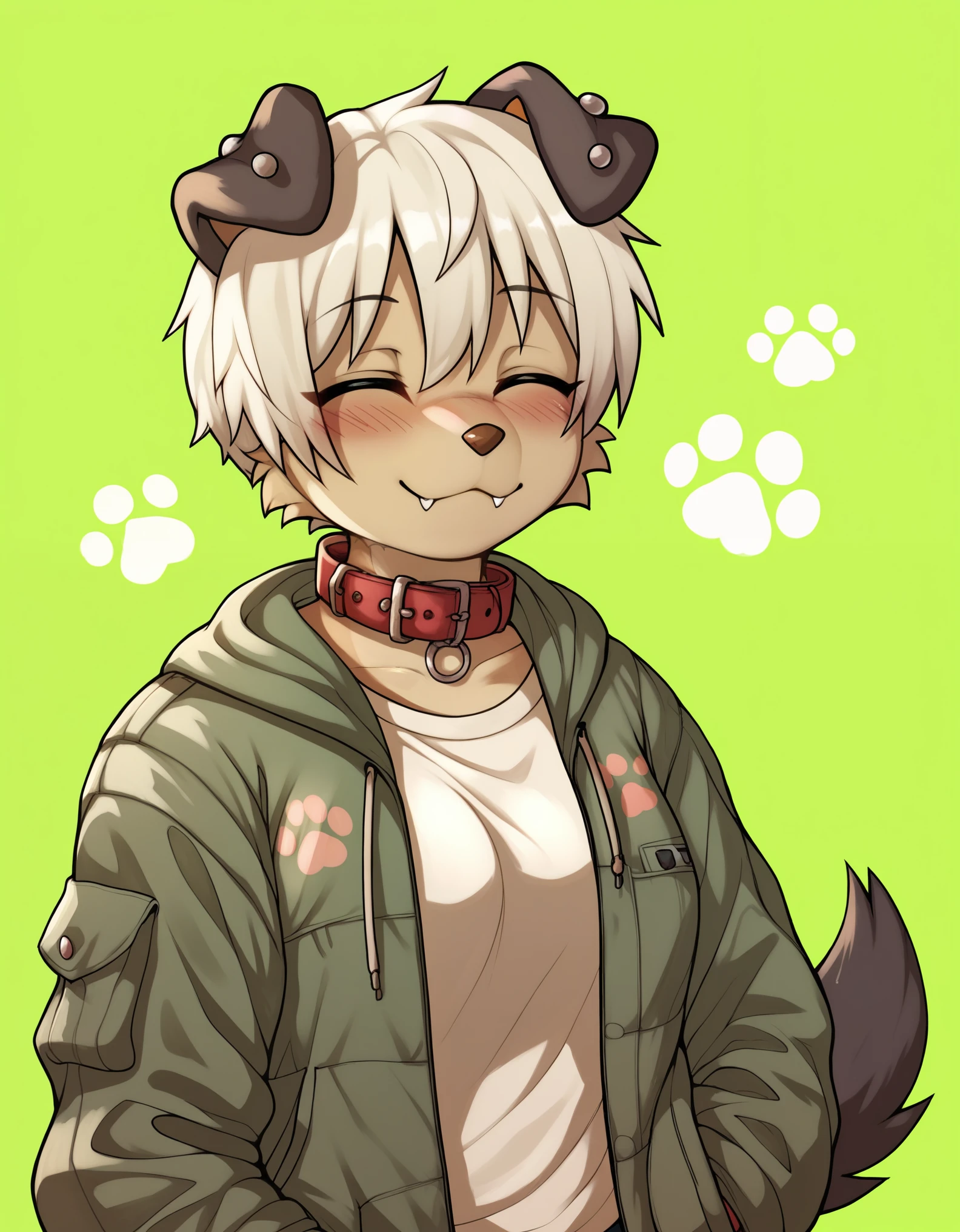 zPDXL, zPDXLxxx, score_9, score_8_up, score_7_up, score_6_up, rating_safe, furry,  BREAK  puppyemonade \(artist\), mammal, animal ears, clothing, 1girl, tail, domestic dog, canid, solo, anthro, green background, dog boy, canine, dog ears, dog tail, topwear, text, canis, female, medium breasts, collar, piercing, closed eyes, clothed, ear piercing, text on clothing, hair, shirt, jacket, short hair, simple background,  furry, blush, paw print, fang