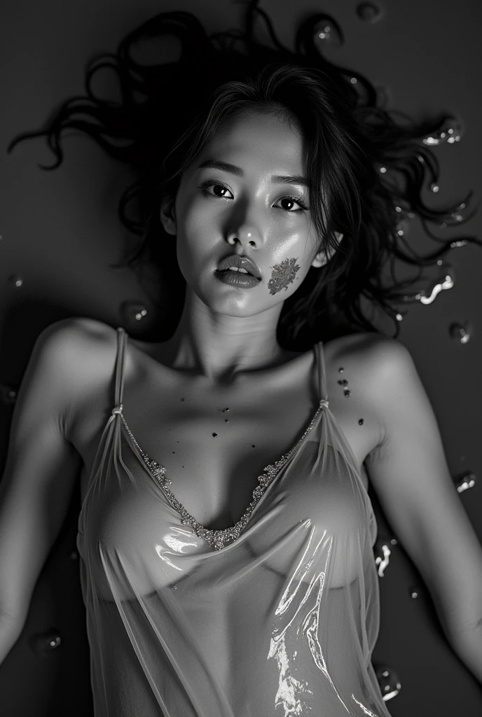 Asian Girl, Transparent dirty dress, She is lying on her back in the wet mud, dark, Her body is dirty, Mud on her face, Monochrome, Black and White Photography, Mud on her body, Low light, Ultra-high resolution photos, eye contact, Sexy pose,