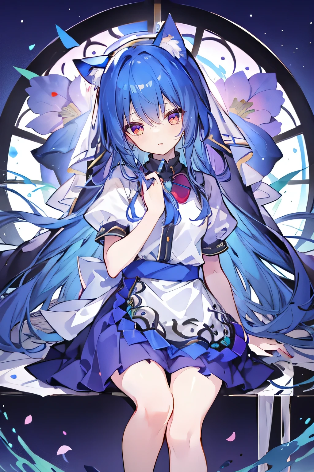 (masterpiece:1.2),Extremely detailed,Practical,expressive eyes,Fair skin,Perfect face shaping,1 Girl,
Japanese cartoons,Gorgeous blue hair, the long flowing blue hair,Floating clothes,Cat ears,Petals fall,beautiful lola,Young Angel,
Place your hands on your waist,sit elegantly on the ground,Cross your legs,Gentle and peaceful background,church,nun,Place your hand on your lips,Shy face。