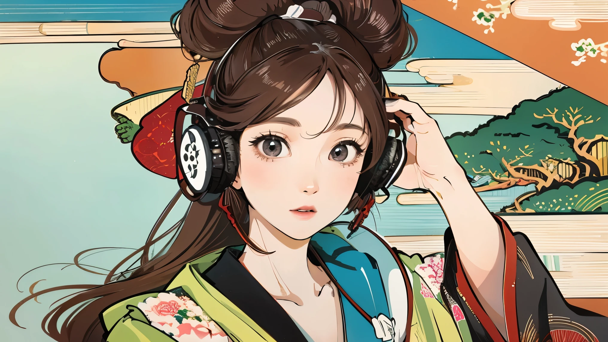 (Highest quality, 8k, masterpiece, High resolution), (whole body), Vibrant colors, Japanese style headphones, Brown-black bob, Traditional topknot, Ample breasts, (Highly detailed face and eyes, Beautiful Face, Beautiful Eyes, Beautiful nose, Pretty lips), Official Art, Ukiyo-e style, (Beautiful woman in kimono), (Vivid floral patterned kimono), background, river, bridge, Mountain, wood, Starry Sky, moon, plum, Lantern, (headphones, wearing headphones),