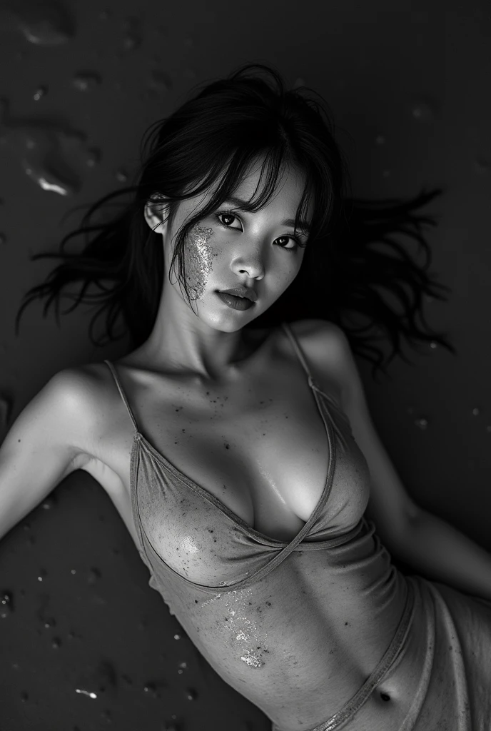 Asian Girl, Transparent dirty dress, She is lying on her back in the wet mud, dark, Her body is dirty, Mud on her face, Monochrome, Black and White Photography, Mud on her body, Low light, Ultra-high resolution photos, eye contact, Sexy pose,
