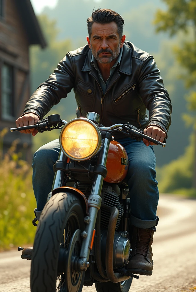 Vintage biker with black hair riding a cafe racer motorcycle 