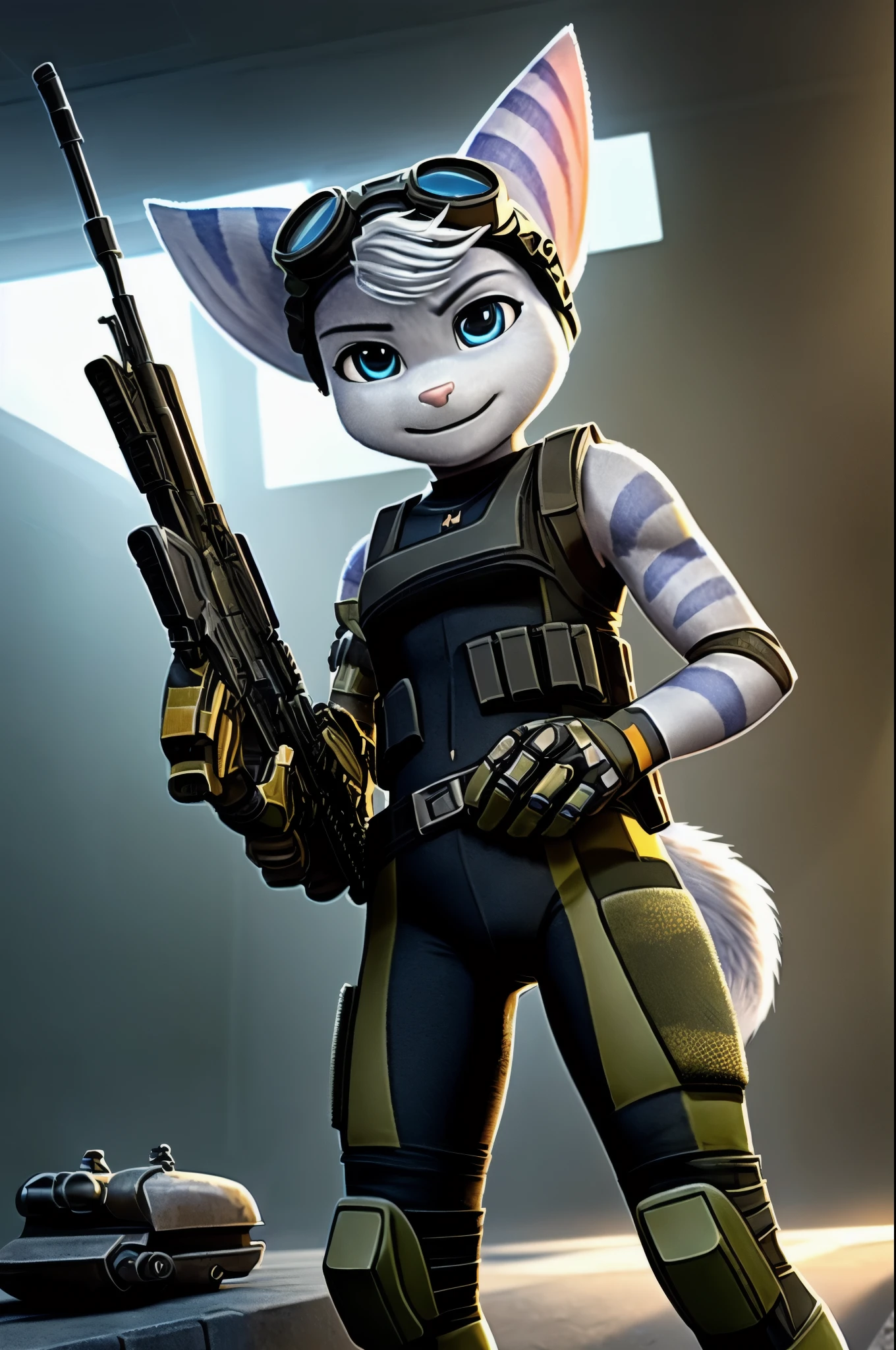 Rivet, (((lombax))), ((lombax ears)), female, small, (petite), (((tail))), furry, 1girl, young, solo, (yellow cybernetic protease on the right shoulder), ((tight fitting military camouflage soldier gear and outfit)), ((wielding assault rifle)), ((gear belt with pistol and granates)), ((bulletproof soldier vest)), detailed body fur, detailed body, detailed eyes, detailed face, athletic, skinny, high quality, masterpiece, small breasts, (goggles), :D, looking at you, full body, ((good lighting on crotch)), (aroused), (horny), (bedroom eyes),