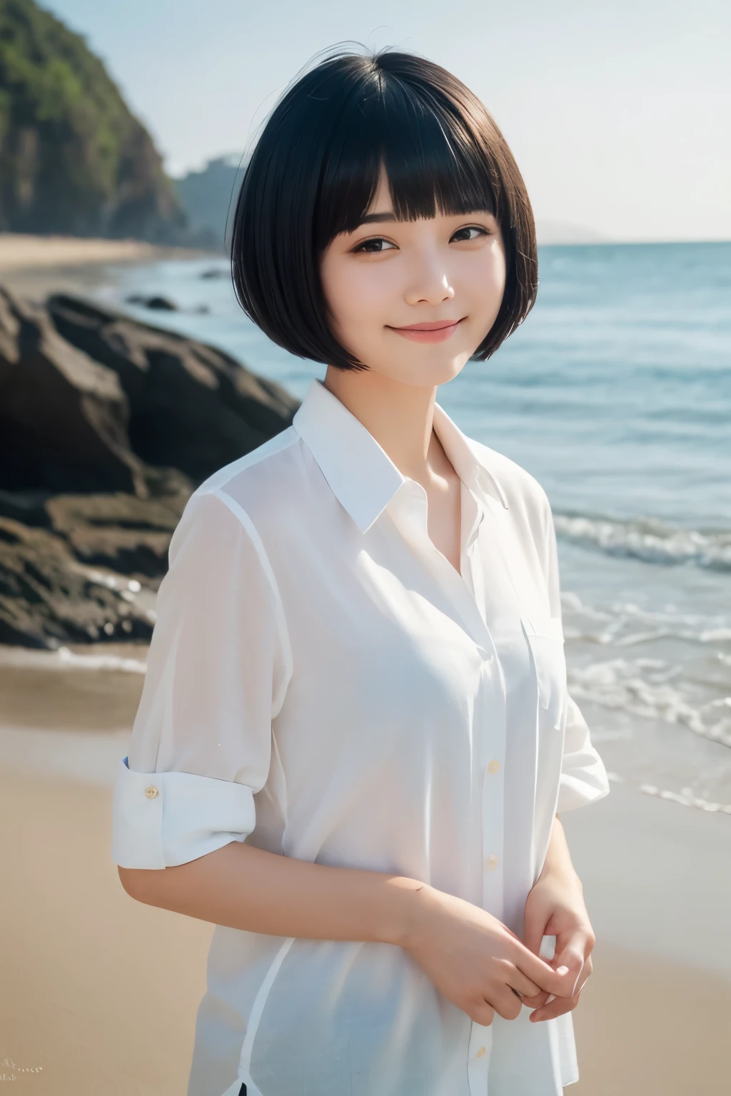 Top quality, 1 beautiful woman, black hair, short Hair, shiny hair, bowl cut hair, wearing Shirt, shy-smile, upper body, at beach, Early Morning Light