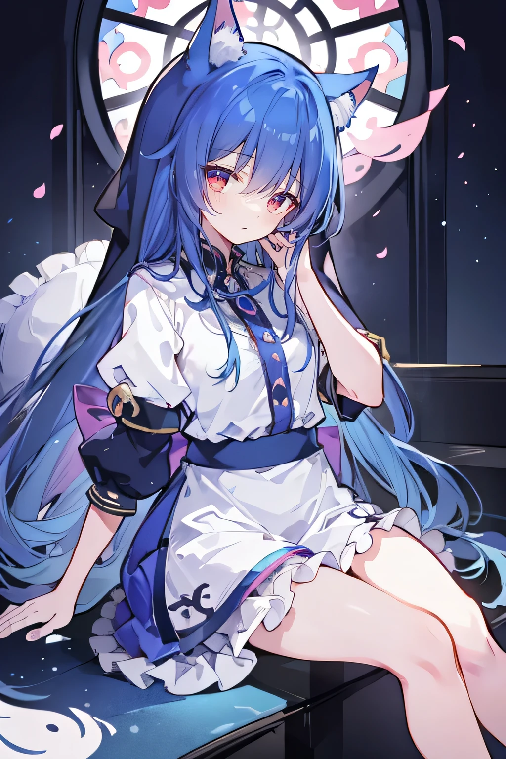 (masterpiece:1.2),Extremely detailed,Practical,expressive eyes,Fair skin,Perfect face shaping,1 Girl,
Japanese cartoons,Gorgeous blue hair, the long flowing blue hair,Floating clothes,Cat ears,Petals fall,beautiful lola,Young Angel,
Place your hands on your waist,sit elegantly on the ground,Cross your legs,Gentle and peaceful background,church,nun,Place your hand on your lips,Shy face。