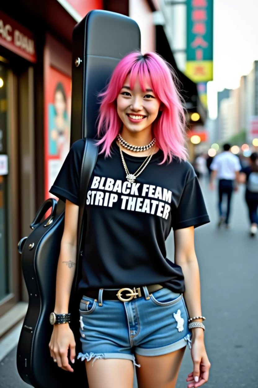 (((A Japanese woman carrying a large black guitar case on her back)))、A 26-year-old adult woman wearing a black crew neck top with loud English letters on the chest and short blue jeans poses for a photo, Big Breastsのポルノ、Dynamic Pose、Model poses for rock music magazine、Slender curvesの想像を超えた美女、 Japanese female fashion model, (((Very bright pink hair)))、happiness、Thick chain jewelry around the neck and arms、(((In front of a strip theater in Asakusa)))、A pure and beautiful smile、Intelligent face、Slender curves、Big Breasts、Black T-shirt、He's wearing a very small leather jacket.、Denim shorts、(((Extreme low angle)))、null、building、He is carrying a black guitar case with a guitar strap