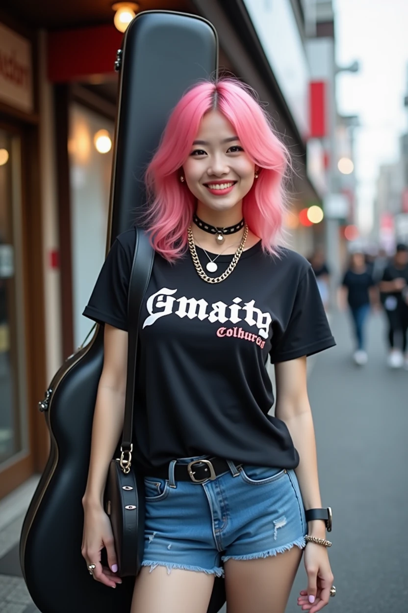 (((A Japanese woman carrying a large black guitar case on her back)))、A 26-year-old adult woman wearing a black crew neck top with loud English letters on the chest and short blue jeans poses for a photo, Big Breastsのポルノ、Dynamic Pose、Model poses for rock music magazine、Slender curvesの想像を超えた美女、 Japanese female fashion model, (((Very bright pink hair)))、happiness、Thick chain jewelry around the neck and arms、(((In front of a strip theater in Asakusa)))、A pure and beautiful smile、Intelligent face、Slender curves、Big Breasts、Black T-shirt、He's wearing a very small leather jacket.、Denim shorts、(((Extreme low angle)))、null、building、He is carrying a black guitar case with a guitar strap