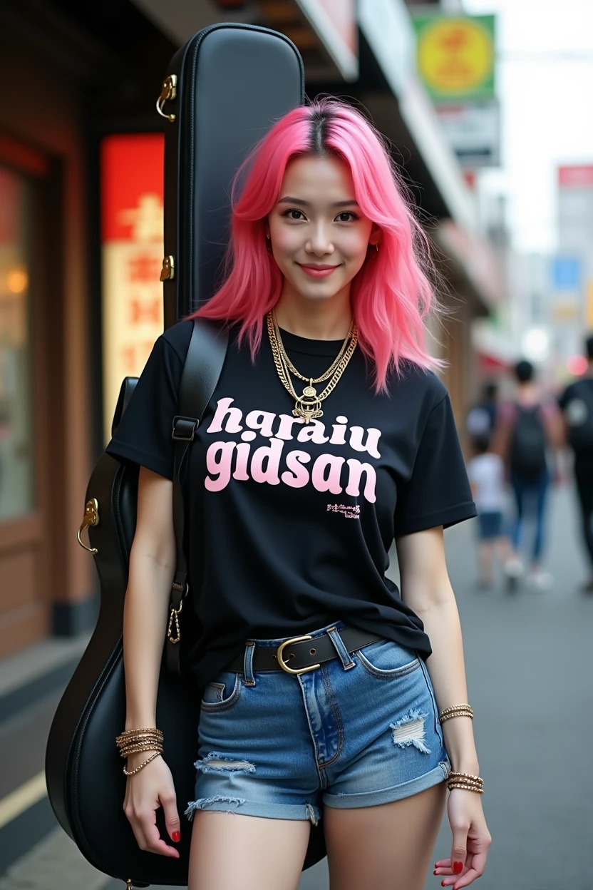 (((A Japanese woman carrying a large black guitar case on her back)))、A 26-year-old adult woman wearing a black crew neck top with loud English letters on the chest and short blue jeans poses for a photo, Big Breastsのポルノ、Dynamic Pose、Model poses for rock music magazine、Slender curvesの想像を超えた美女、 Japanese female fashion model, (((Very bright pink hair)))、happiness、Thick chain jewelry around the neck and arms、(((In front of a strip theater in Asakusa)))、A pure and beautiful smile、Intelligent face、Slender curves、Big Breasts、Black T-shirt、He's wearing a very small leather jacket.、Denim shorts、(((Extreme low angle)))、null、building、He is carrying a black guitar case with a guitar strap