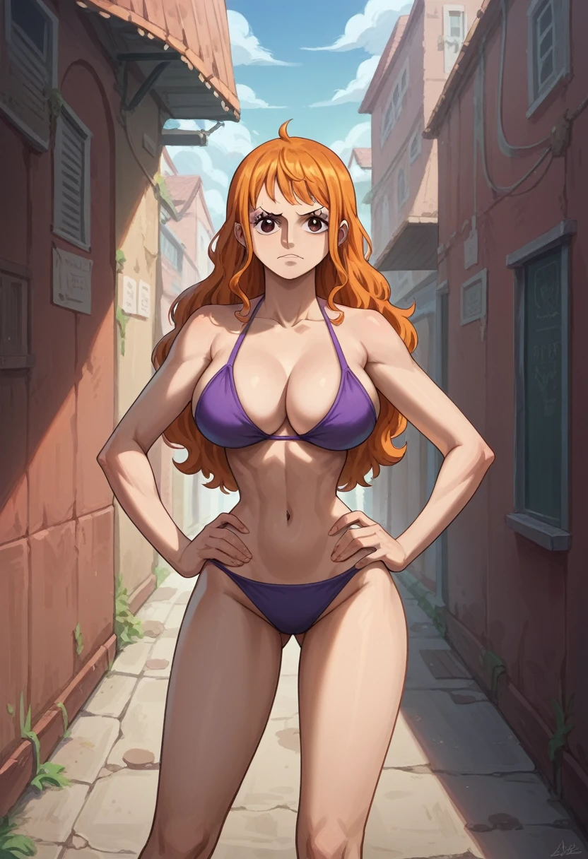 Masterpiece, best quality, Masterpiece, best quality, 1 woman, นามิ One Piece , orange hair , purple bikini , big breasts , abdomen , Put your hands on your hips. , alley